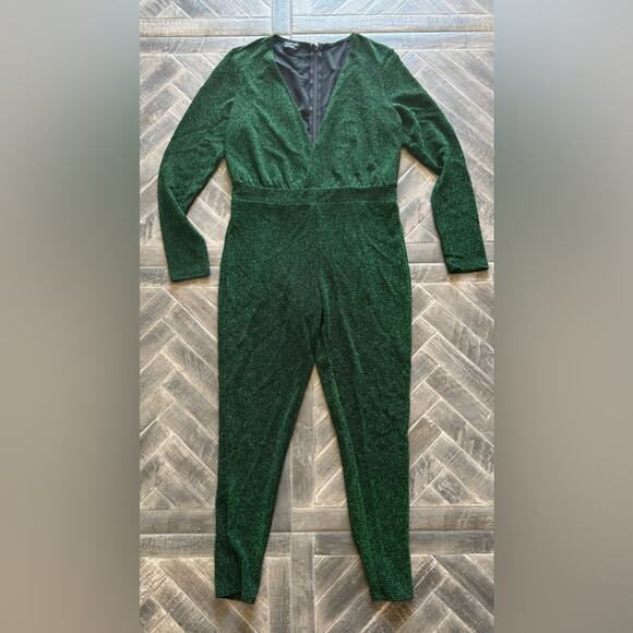 bebe Emerald Green Metallic Knit Long Sleeve V-Neck Jumpsuit | Size L - Picture 4 of 7